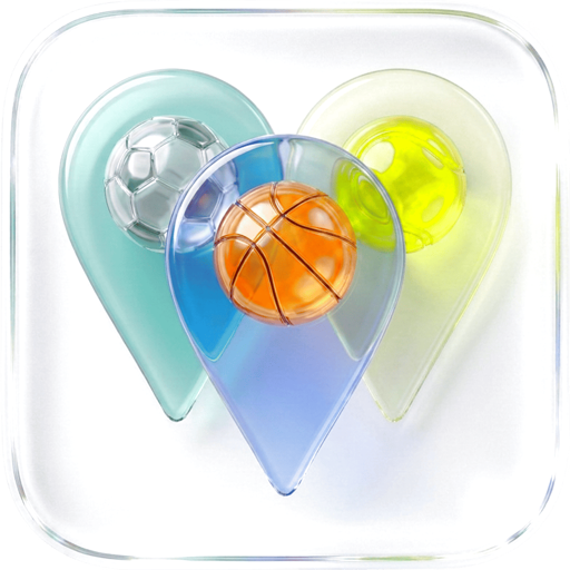 Team Team app icon — glass location pins with a football, basketball and tennis ball