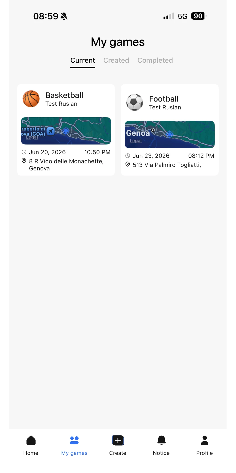 Team Team app screenshot: list of my games — upcoming and past sports meetups