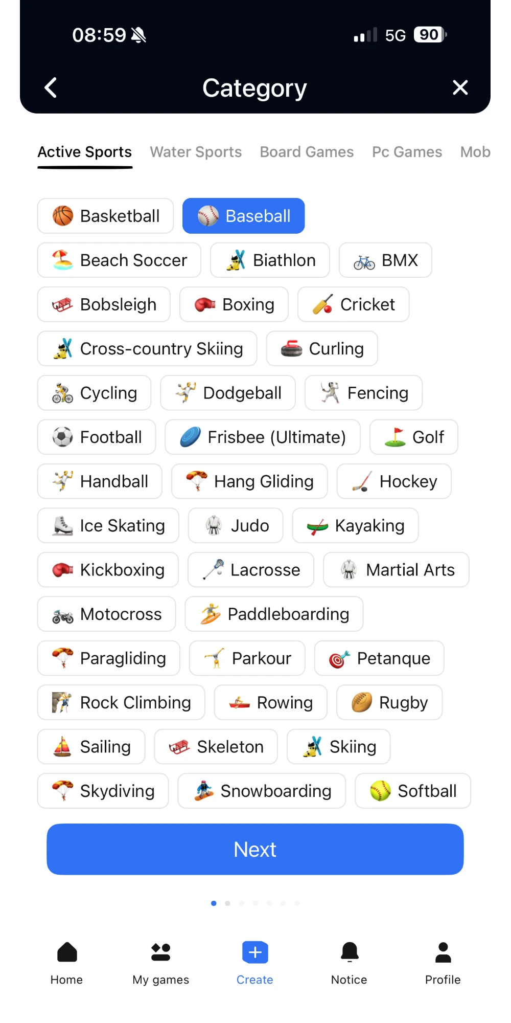Team Team app screenshot: choosing a sport from 50+ categories including football, basketball and tennis