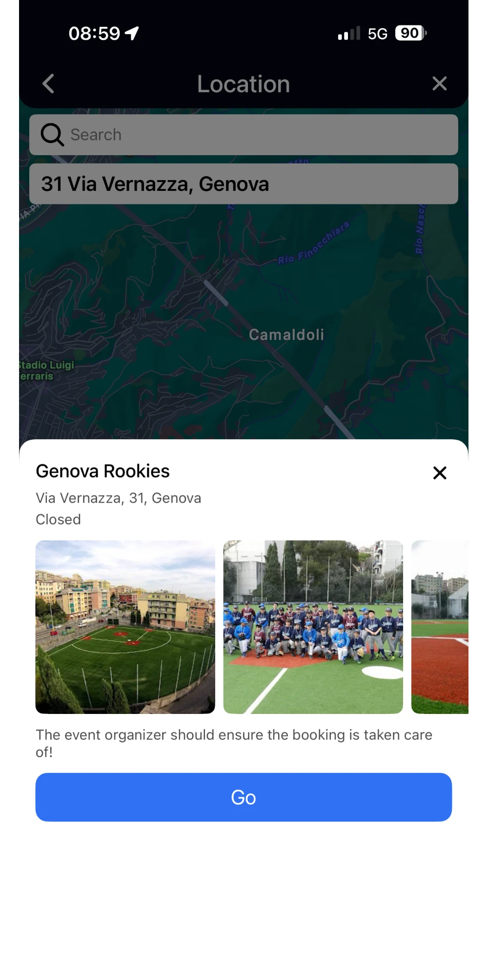 Team Team app screenshot: local sports games shown on the map around you